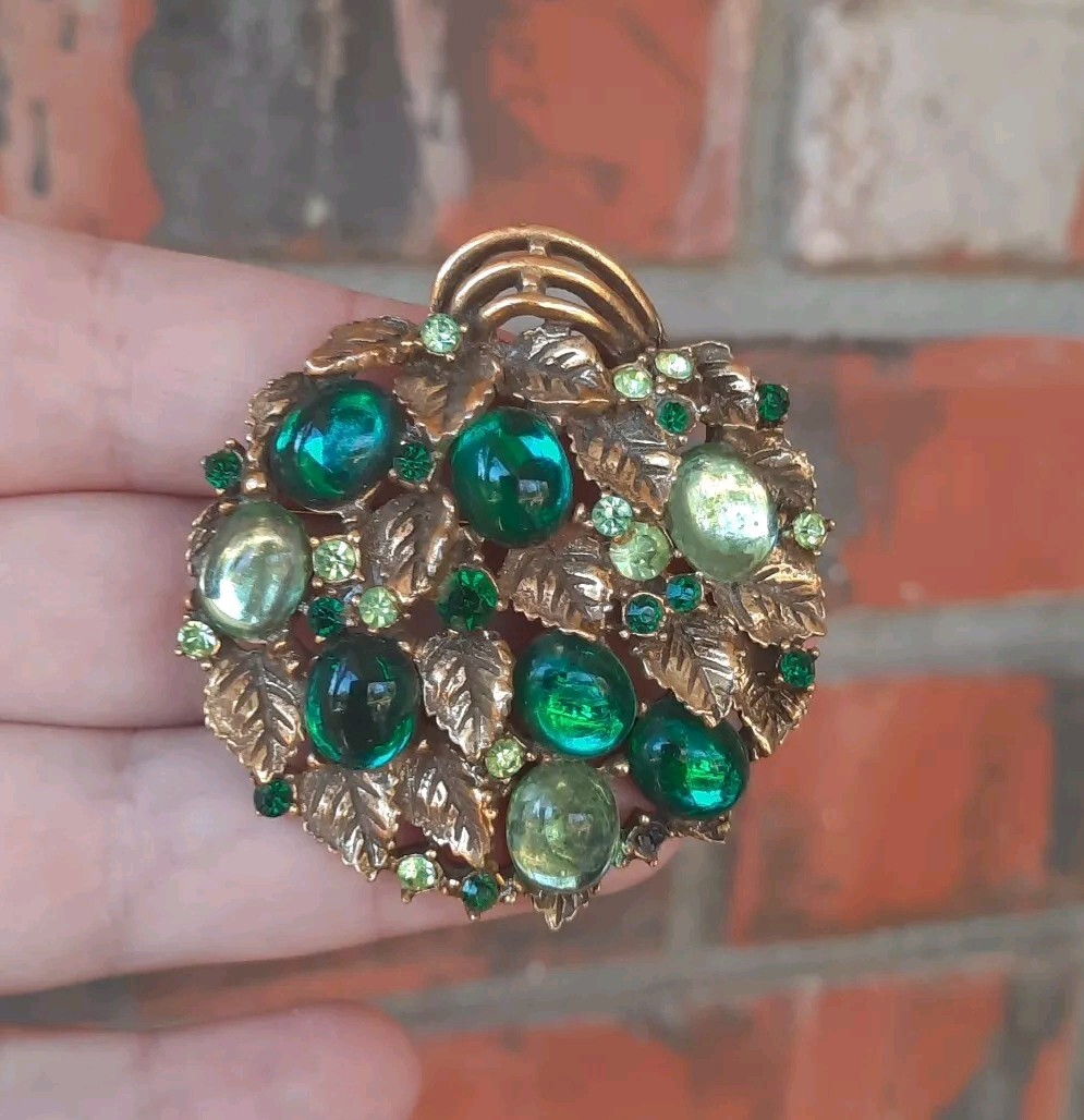 Vtg Arthur Pepper Brooch Pin Greens Cabochon Rhinestone Gold Leaves Gripoix RARE