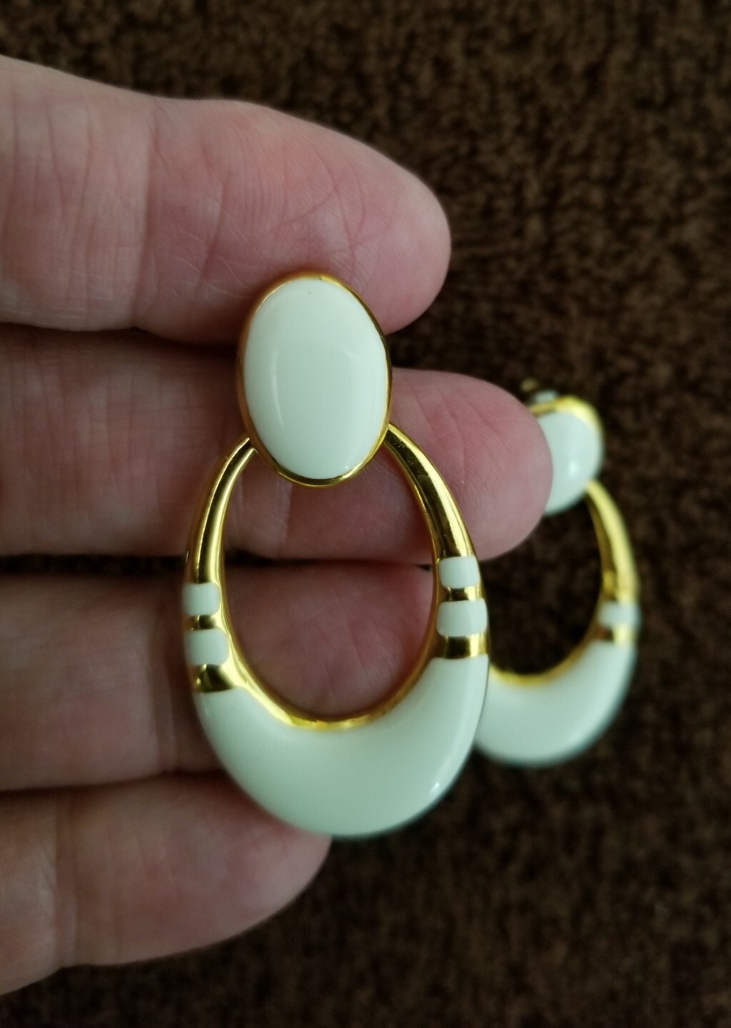 Retro Style Ivory and Gold Enamel Stud Earrings Vintage