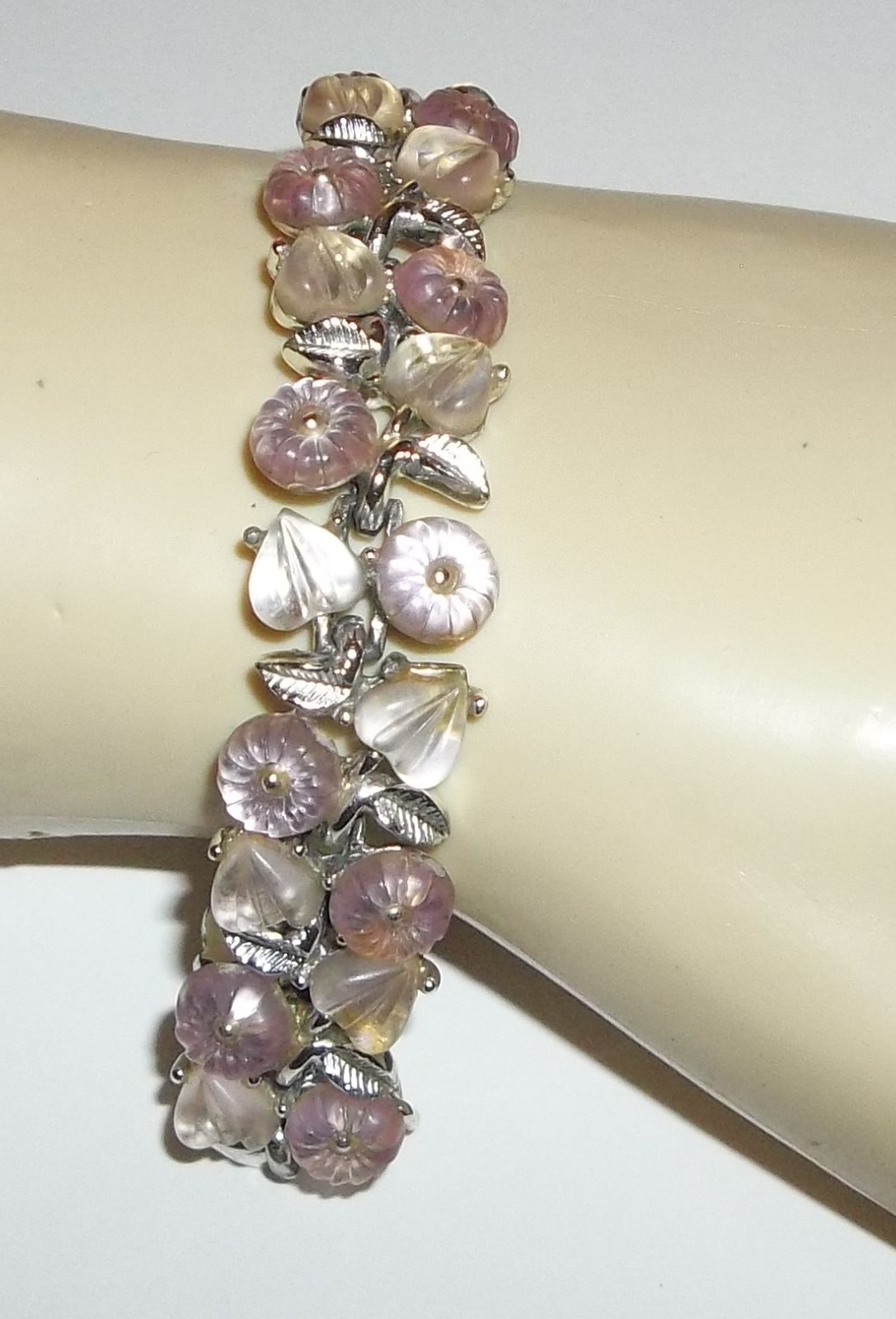 Vintage Longcraft Light Pink Off White Lucite Floral Bracelet W/ Safety Chain