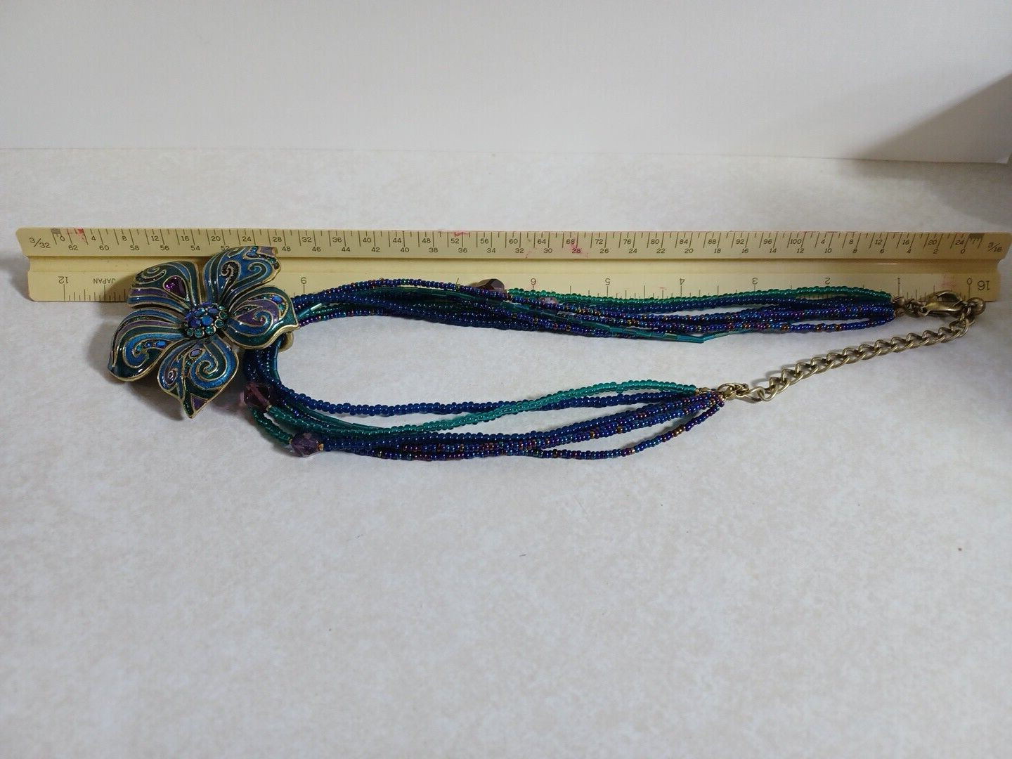 7 Strand Blue And Purple Beaded Necklace With Flower Pendent Vintage Necklace