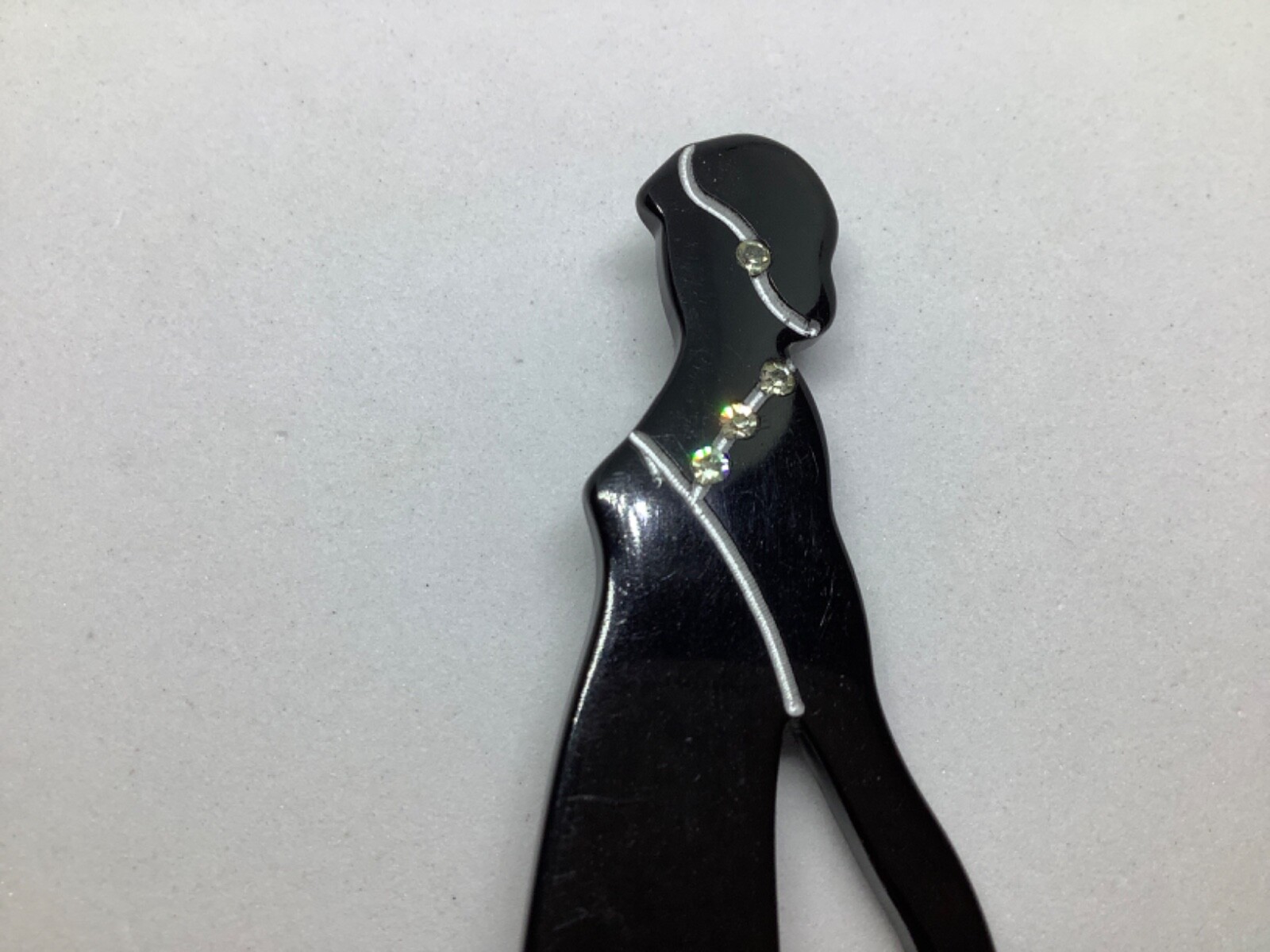 Vintage Lucite Brooch Pin Flapper Lady Black Clear Rhinestones Large 4 inch
