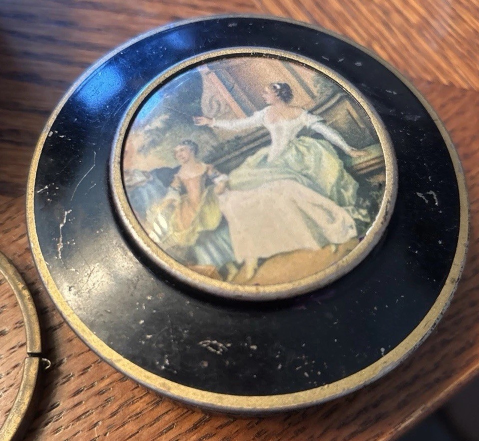 Antique Vintage Circa 1920-1930’s Portrait Tin and Floral Hinged Bangle Bracelet