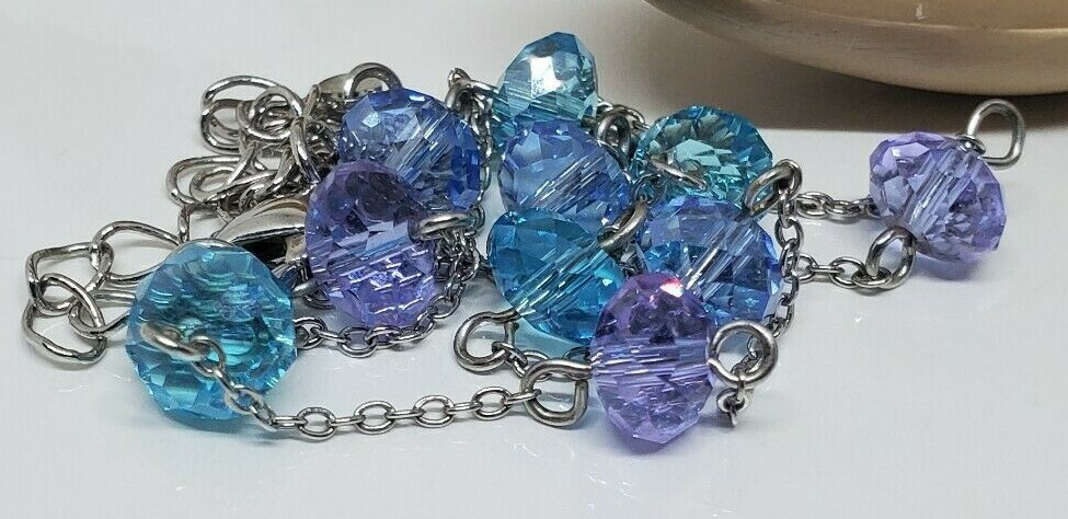 Vintage Beaded Purple Blue Necklace Rhinestone Silver Tone 18″ Adj