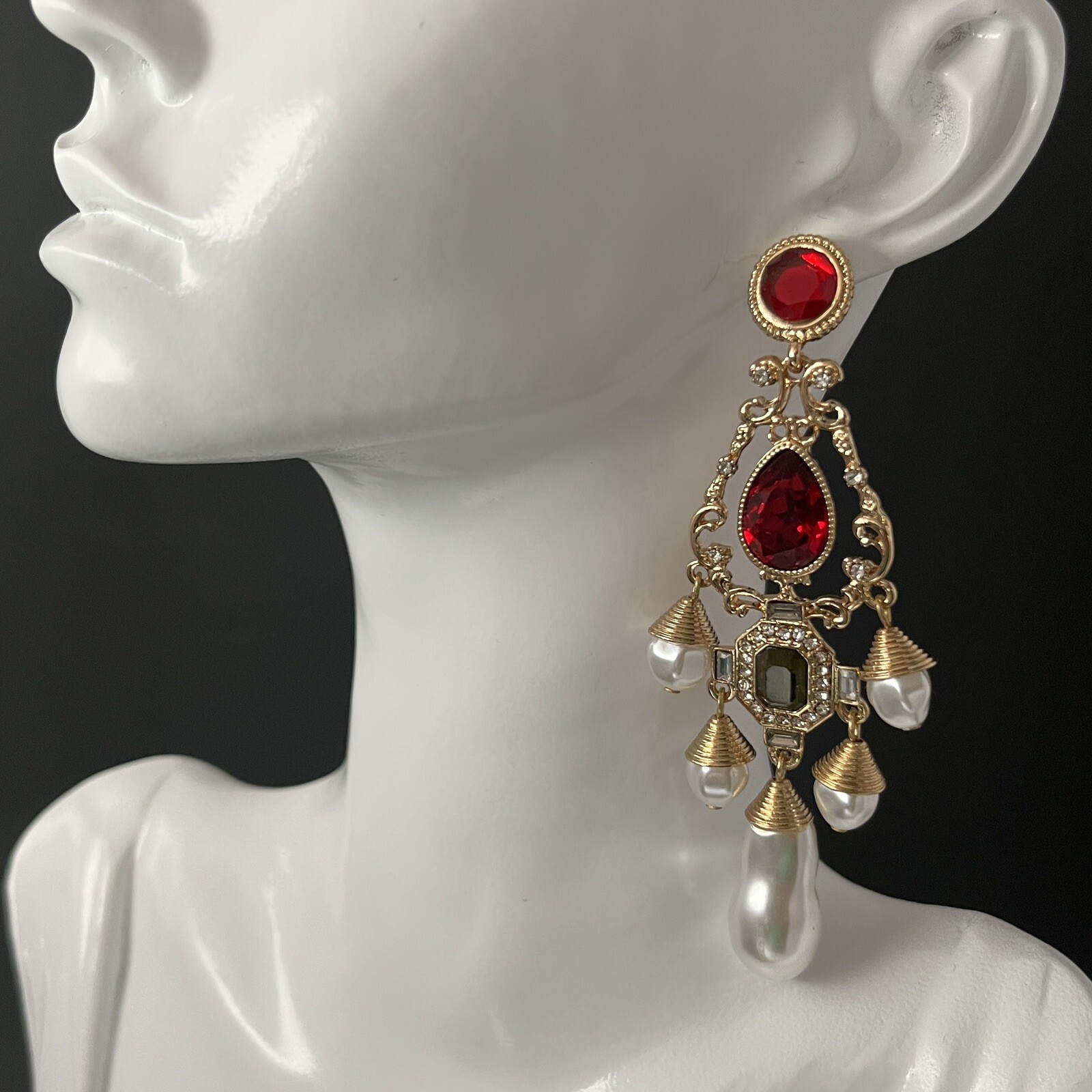 Baroque Chandelier Earrings Gold Red Faux Pearl Pierced Dangle Ornate Runway