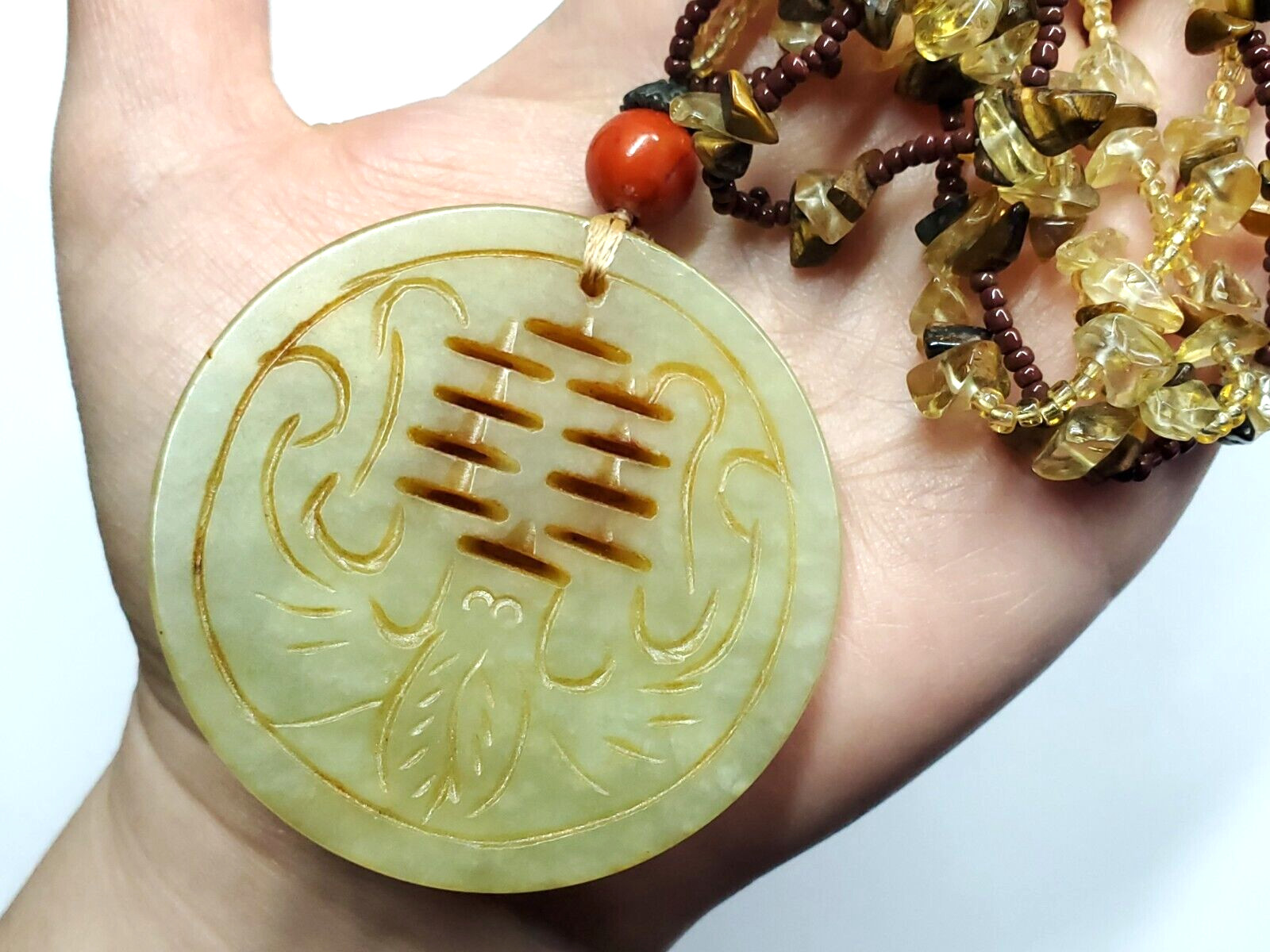 Vintage Oriental Jade Chunky Medallion Agate Tigers Eye Beaded Pendant Necklace