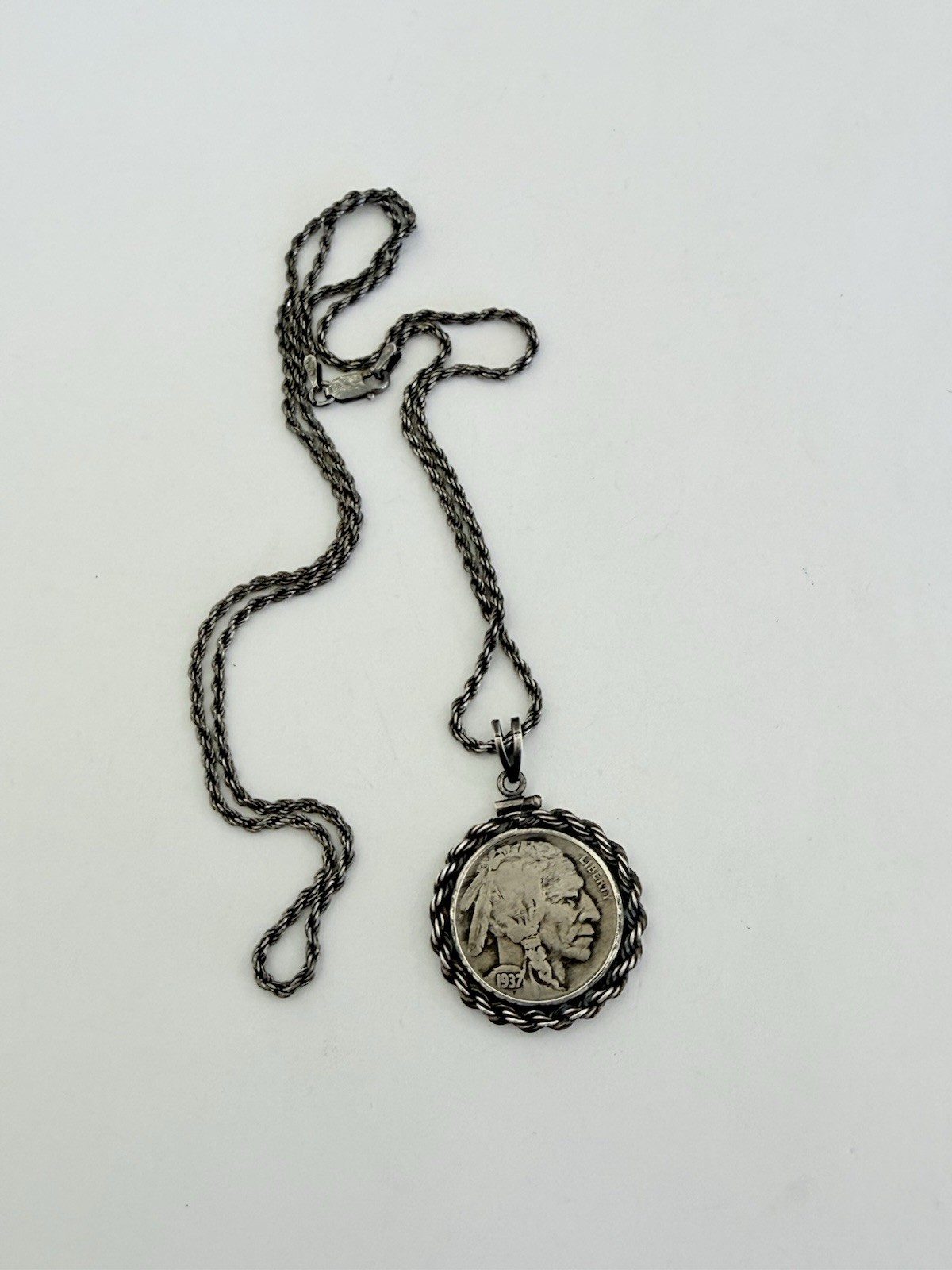 Vintage 1937 Buffalo Nickel Coin Pendant 925 Sterling Silver Chain 15-grams