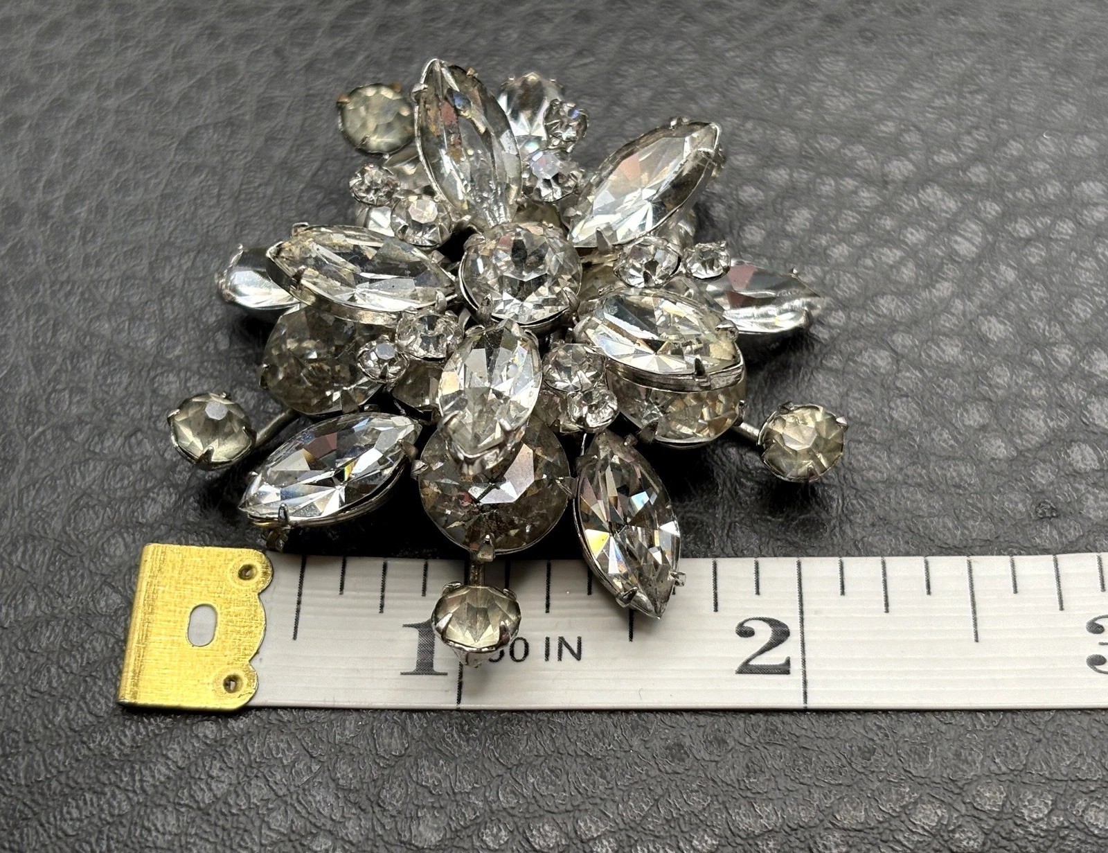 Vintage Austrian Rhinestone Atomic Starburst Brooch Silver Tone Crystal Pin
