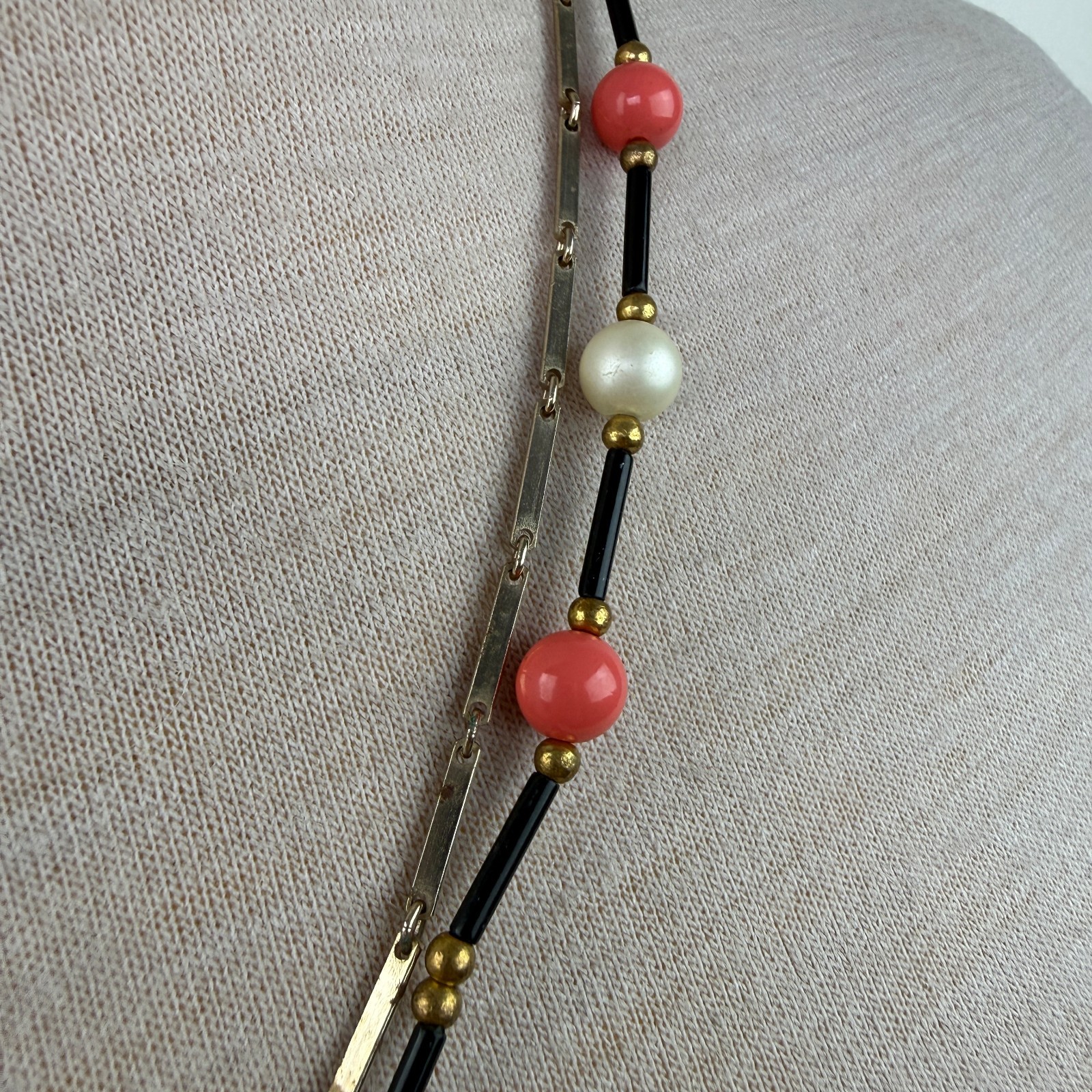 Vintage Two Strand Pink, Faux Pearl, Black Gold Tone Chain Necklace 22.5″