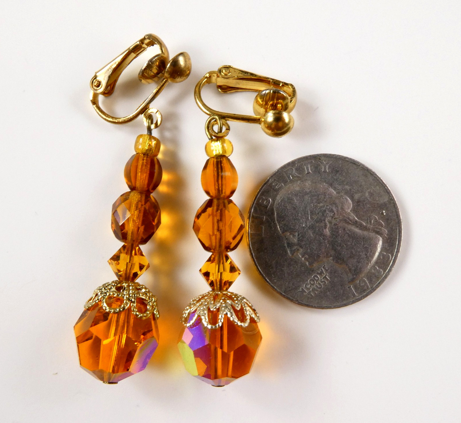 Vintage Orange Glass Crystal Drop Dangle Earrings Clip On Gold Tone Beauties