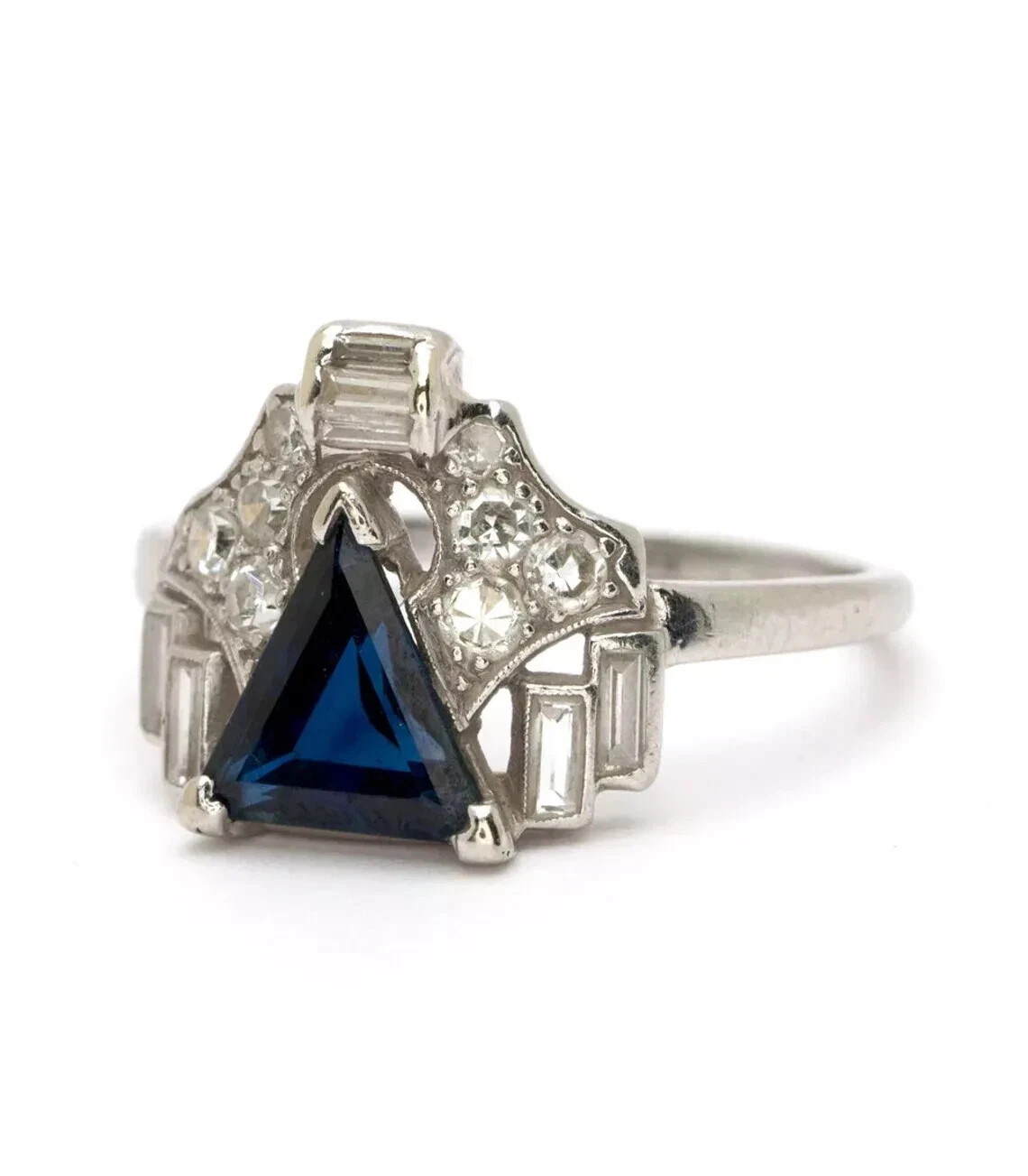 Art Deco Style Sapphire& Lab Created Diamond 14k White Gold FN Engagement Ring