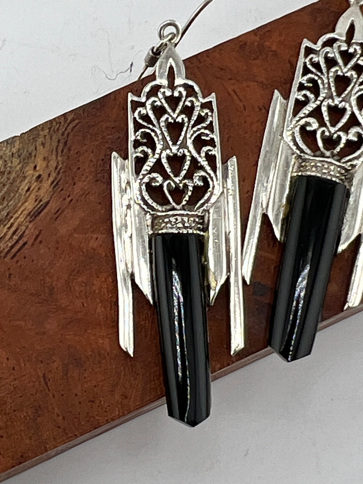 Art Deco Revival Black Onyx dangle earrings 925 Sterling silver EUC