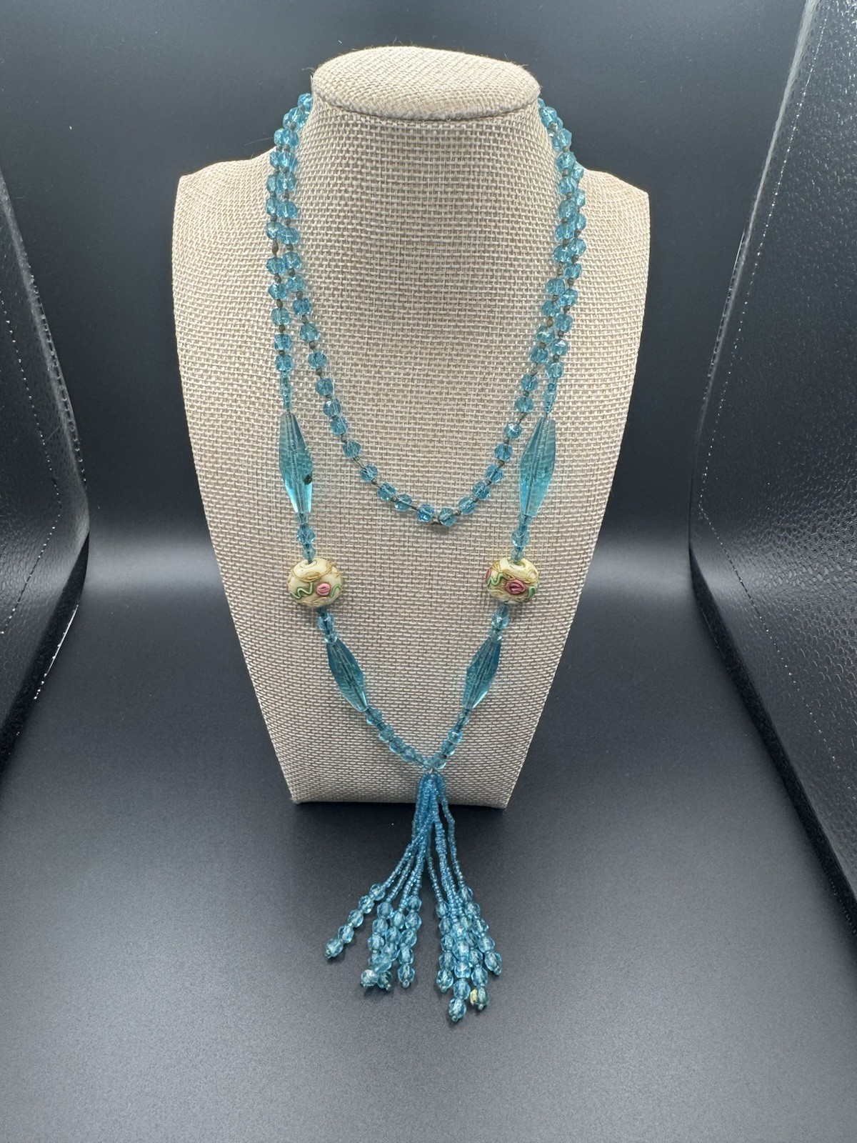 VTG Venetian Glass Wedding Cake & Blue Glass Beads Tassel Hand Knot Necklace 32″