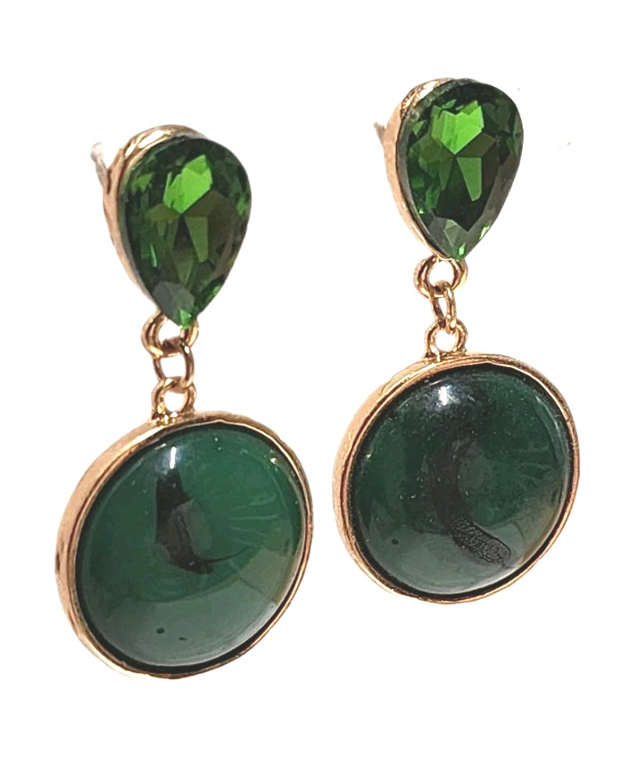 Vintage Green Faux Stone Rhinestone Gold Tone Dangle Earrings Teardrop Round GUC