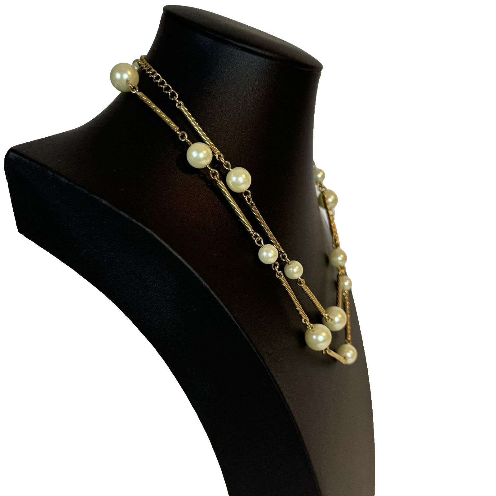 Vintage Avon Station Necklace Faux Pearls Twisted Bar Link Gold Tone Long