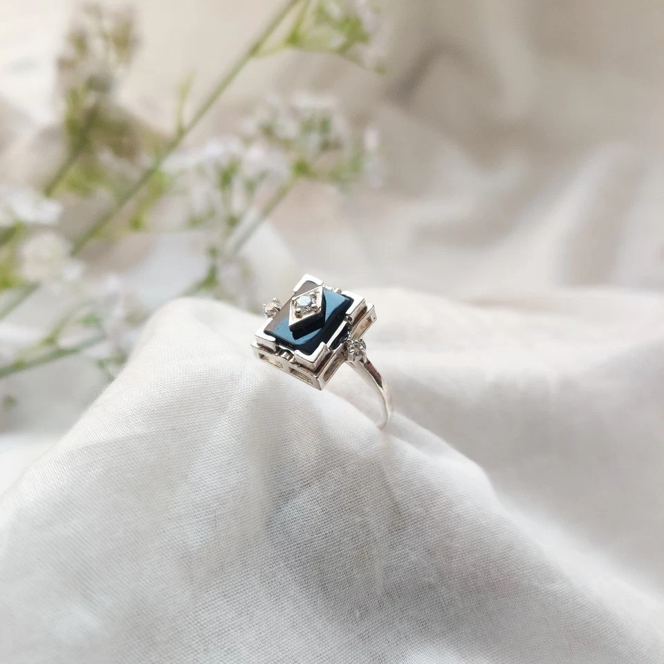 Art Deco Style Lab-Created Diamond & Black Onyx 14K Wedding White Gold FN Ring
