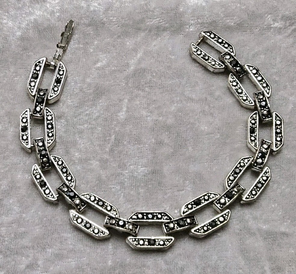 Vintage Marcasite Rhinestone Oval Link Flex Bracelet