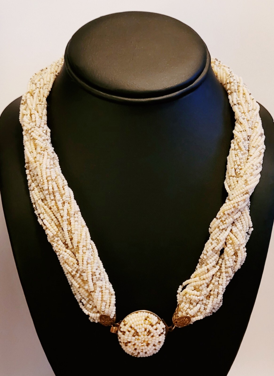 Beautiful Vintage Multi-strand Ivory and Gold Seed Bead Necklace