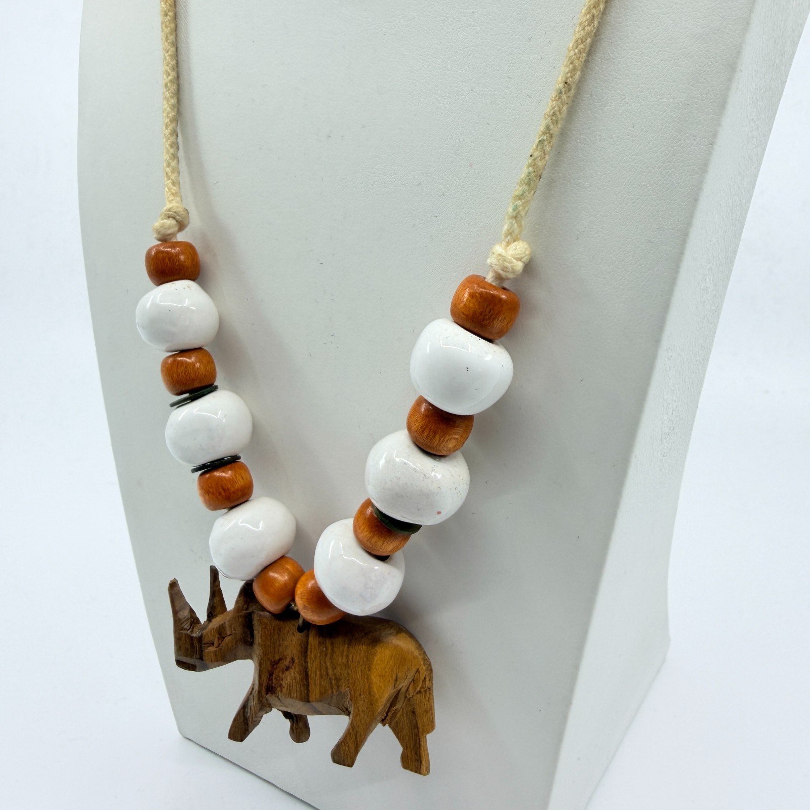 Vintage Carved Wood Rhinoceros Pendant Necklace Boho Ceramic Bead Cord 80s
