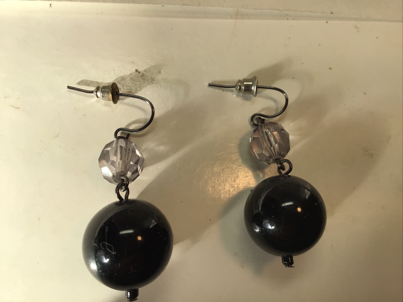 Vintage Statement Earring, Black Balls And Grayish Clear Beads. For Pierced Ears