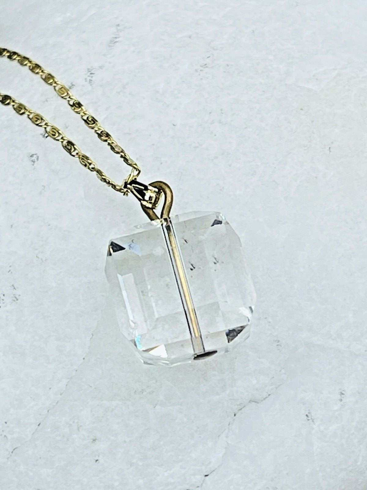 AC Automatic Chain Co 12K GF Square Faceted Crystal Pendant Necklace Vintage