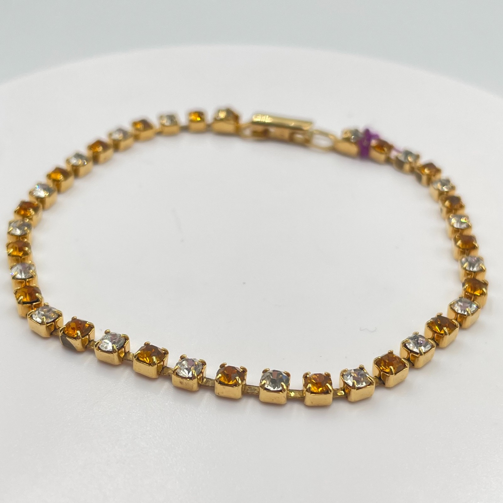 Vintage Y2K Gold Tone Amber Topaz Clear Rhinestone Alternating Tennis Bracelet