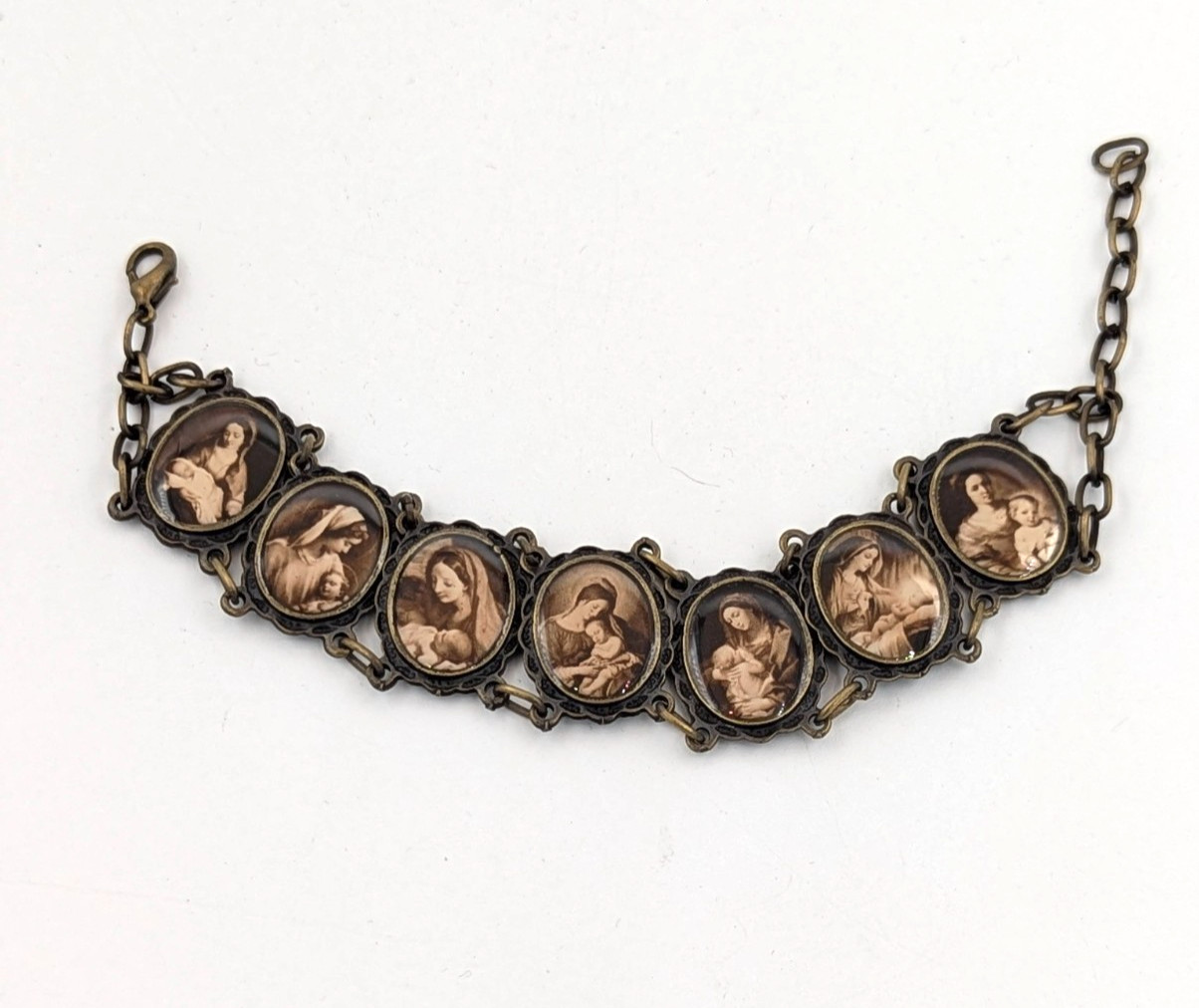 Vintage Religious Panel Link Bracelet Madonna & Child Sepia Mother & Baby
