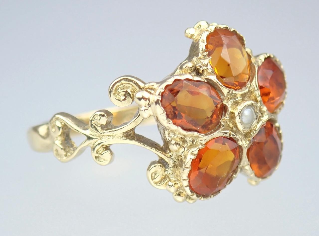 Pretty Vintage Solid 9K Gold Madeira Citrine Pearl Floral Scroll Ring 1971 7.25