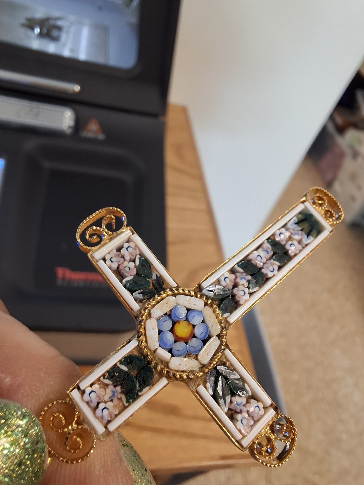 Vintage Italian Signed Micro Mosaic Gold-Plated Filigree Cross Pendant Necklace