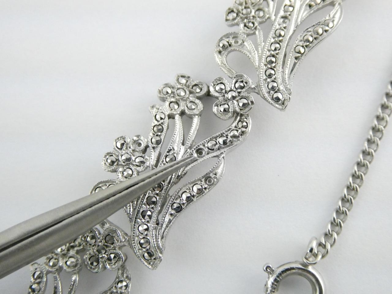Vintage Deco Style Sterling Silver Marcasite Studded Bracelet 7.25 In GEMS MISS