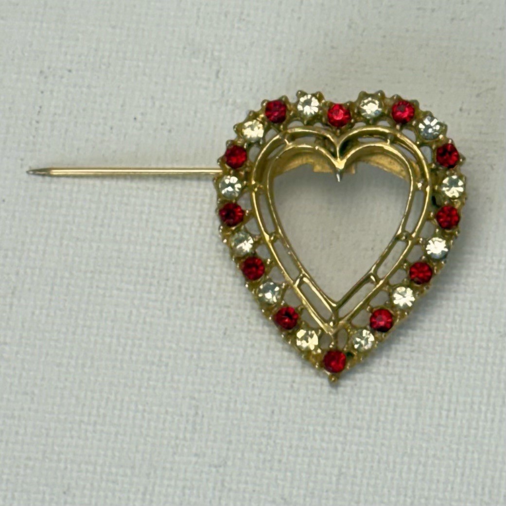 Gold Tone Heart Brooch With Red And White Stones