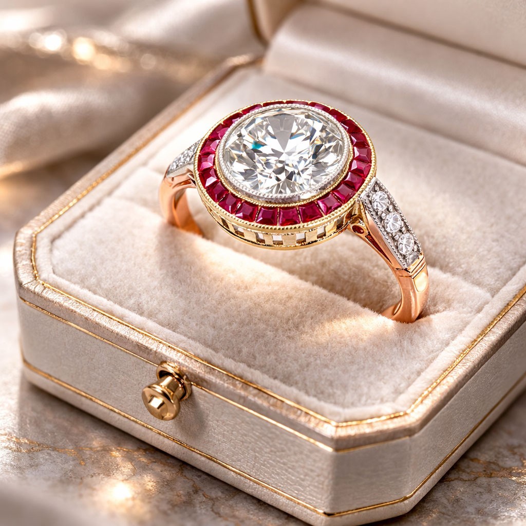 ART DECO GENUINE 1.20 Cts DIAMOND & RUBY ENGAGEMENT RING 18K ROSE SOLID GOLD
