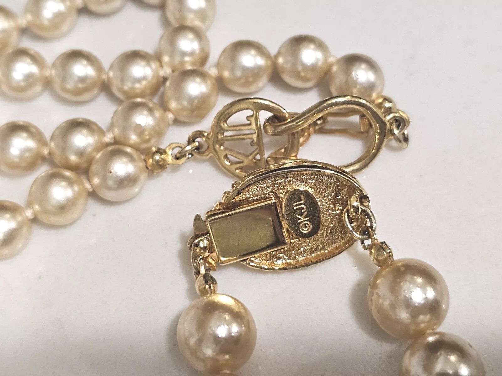 Kenneth J Lane Vintage Signed Faux Pearl Gold Filled Necklace with Bracelet Set