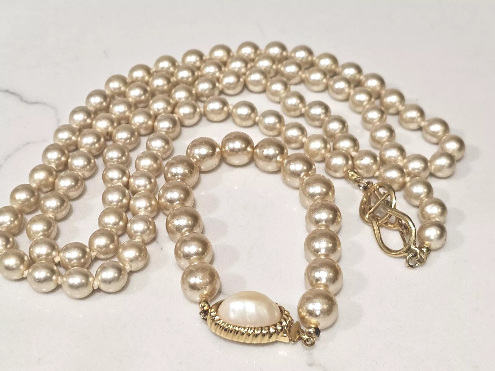 Kenneth J Lane Vintage Signed Faux Pearl Gold Filled Necklace with Bracelet Set