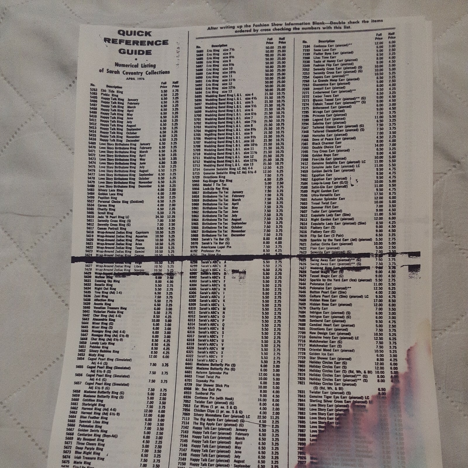 PRINTED COPY OF A 1976 “QUICK REFERENCE GUIDES ” SARAH BOOK BOOK. 2 PAGES