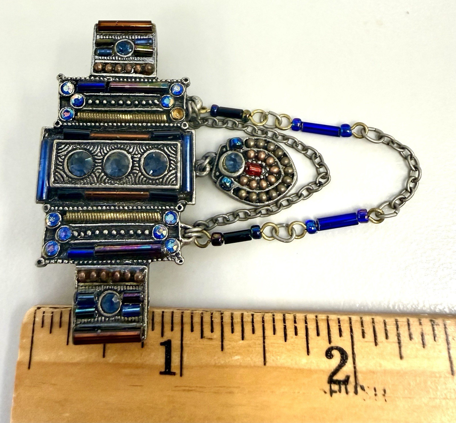 Artisan Statement Brooch Pin Blue Glass Bead Chain Dangle Egyptian Deco Revival