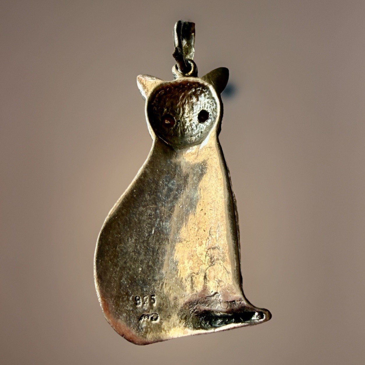 Vintage Sterling Silver 925 Cat Marcasite Pendant With Red Garnet Eyes 1.5”, 6g