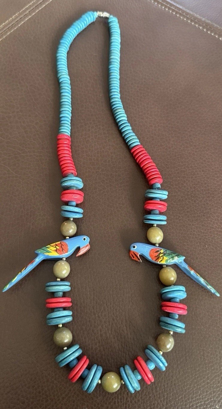 Vintage Wood Bead Necklace Carved Painted Parrot Tropical Colorful Boho 22”