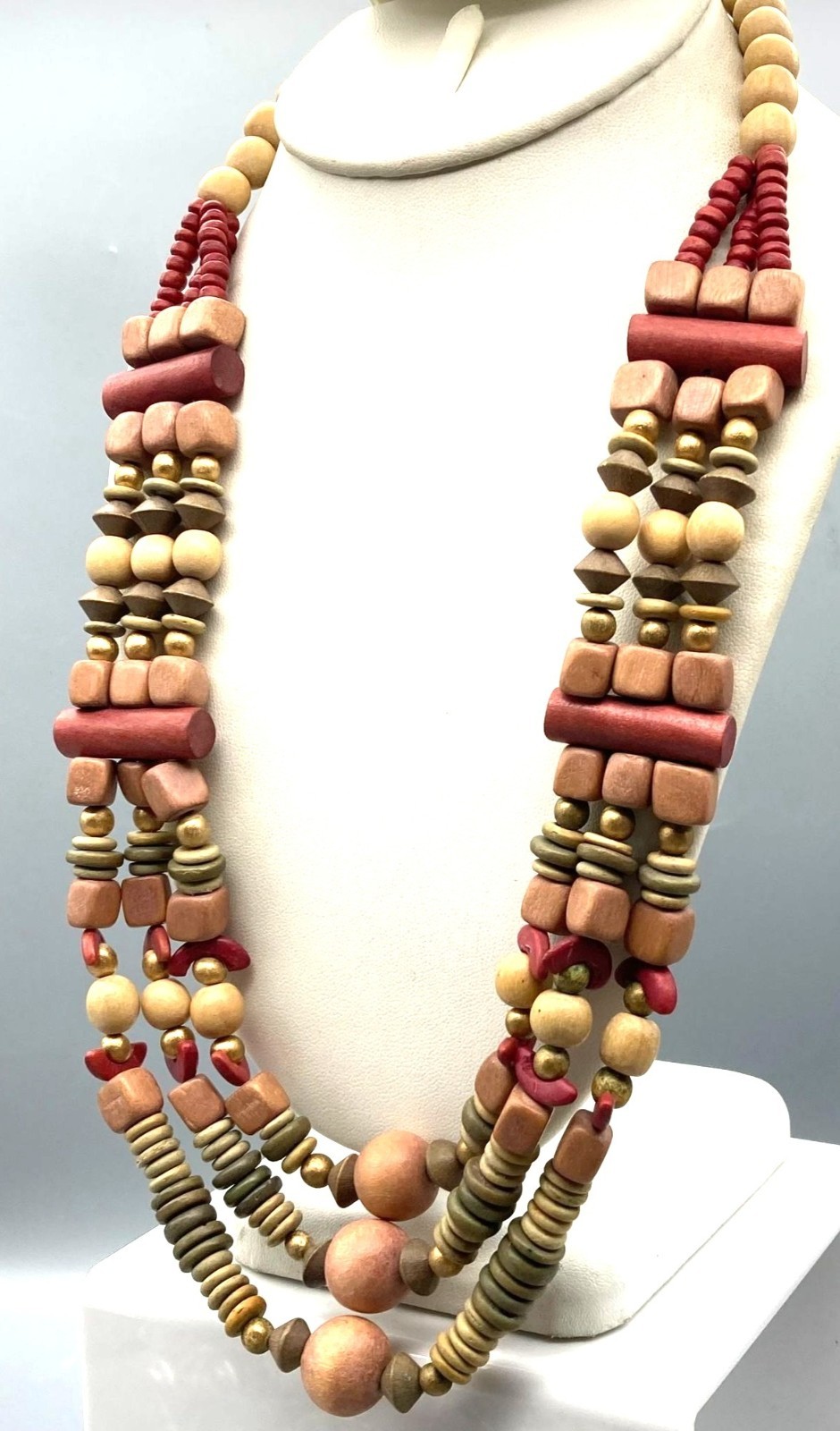 Muted Multi Strand Drape Necklace with Boho Wood Beads in Different Shapes and S