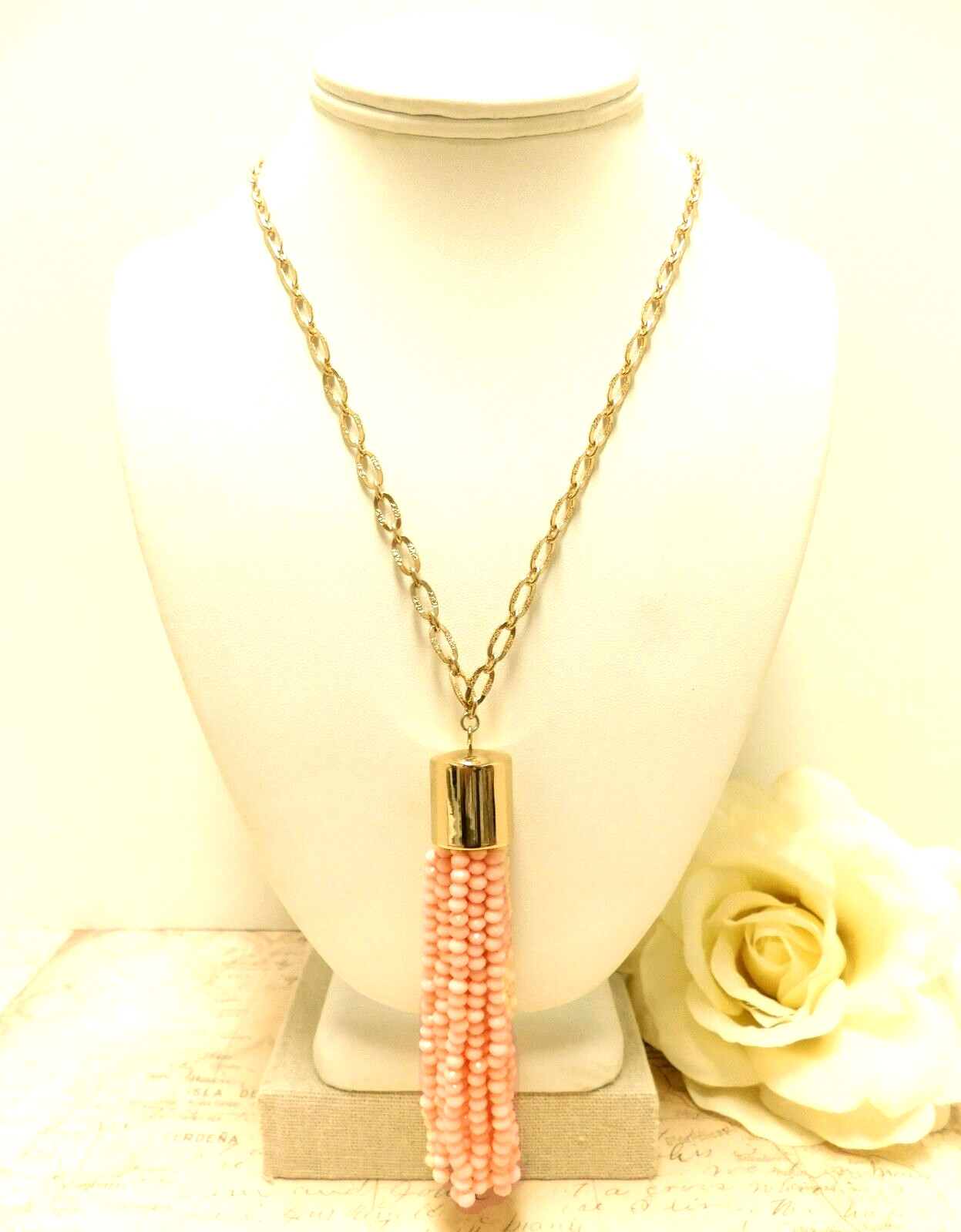 SUGARFIX PINK ACRYLIC BEAD TASSLE FASHION NECKLACE 30″