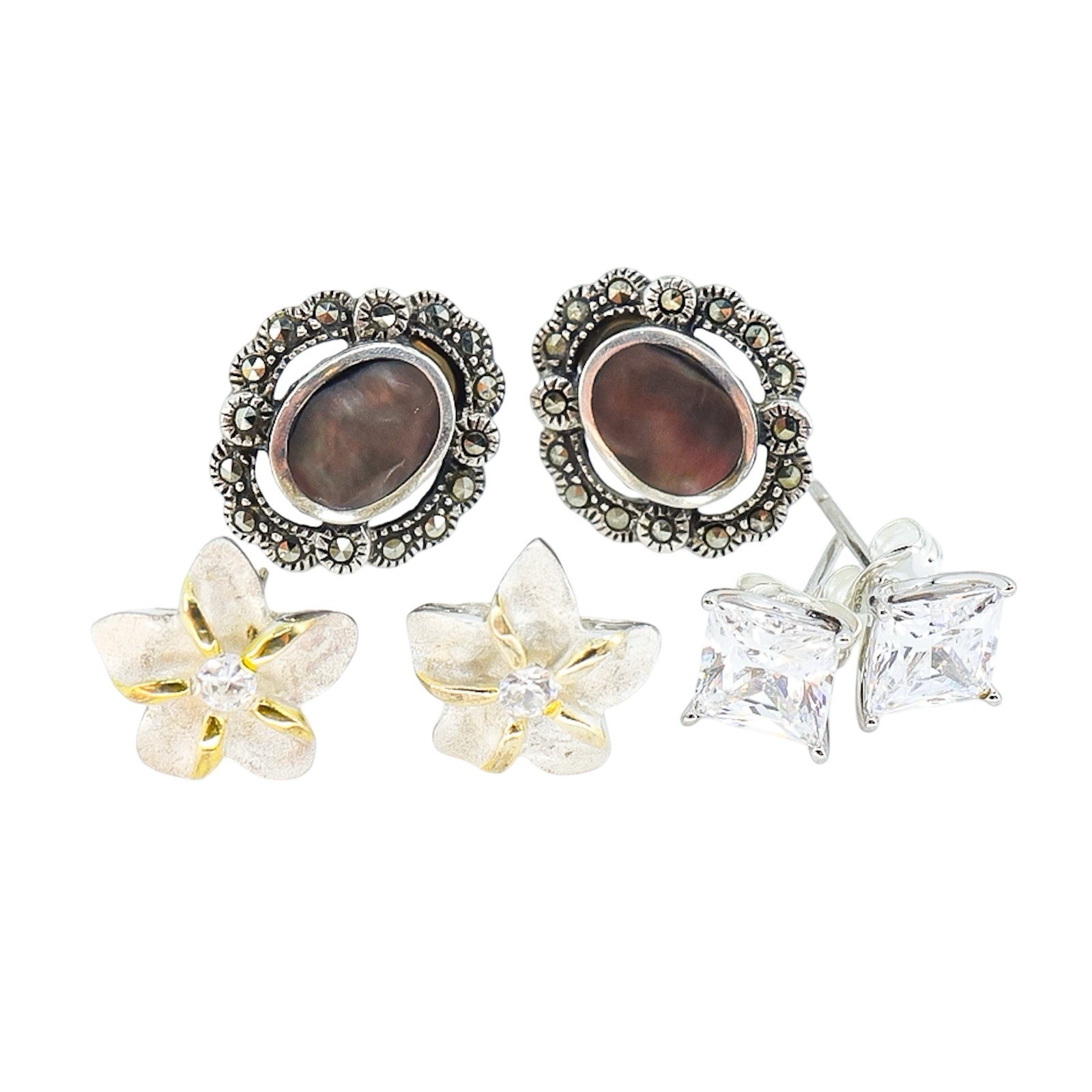 Lot Of 3 Sterling Silver Small Stud Earrings Art Deco Cubic Zirconia Floral