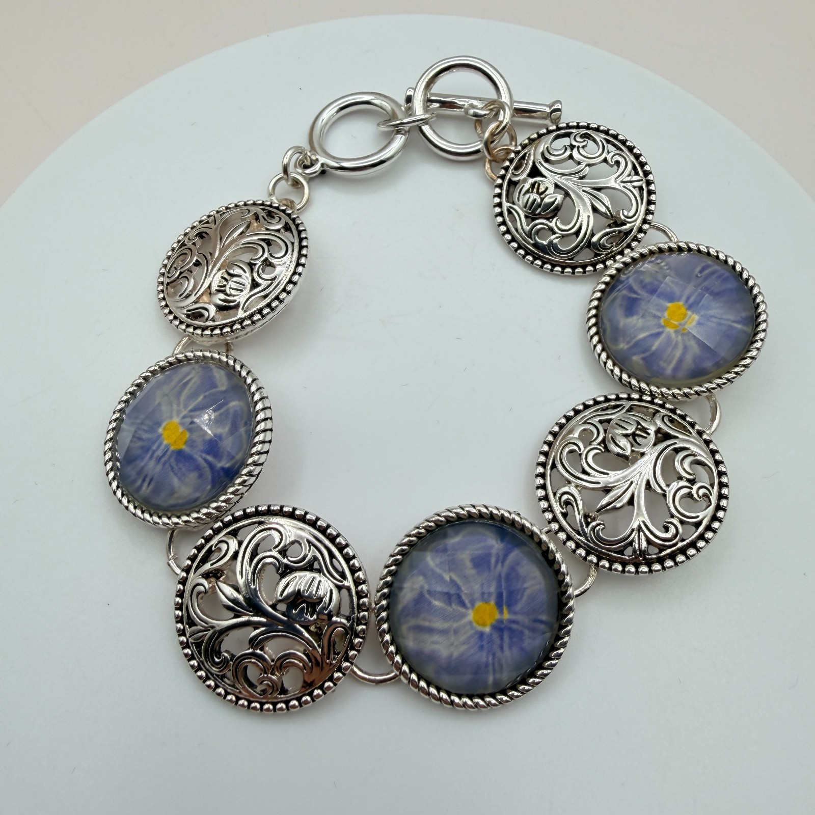 Vintage 90s Silver Tone Blue Flower Glass Cabochon Classic Fashion Jewelry Set