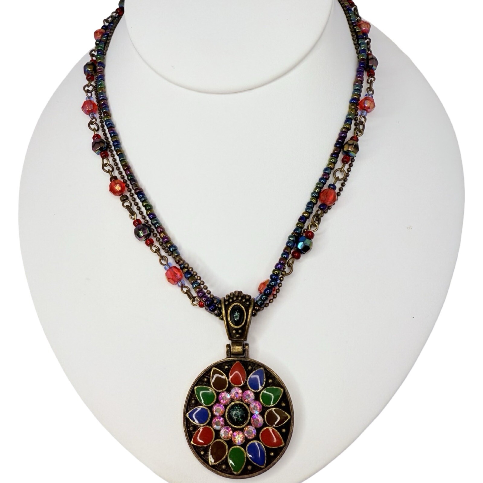 Multicolor Necklace Statement Pendant 19″ Beaded Layered Chain Bohemian