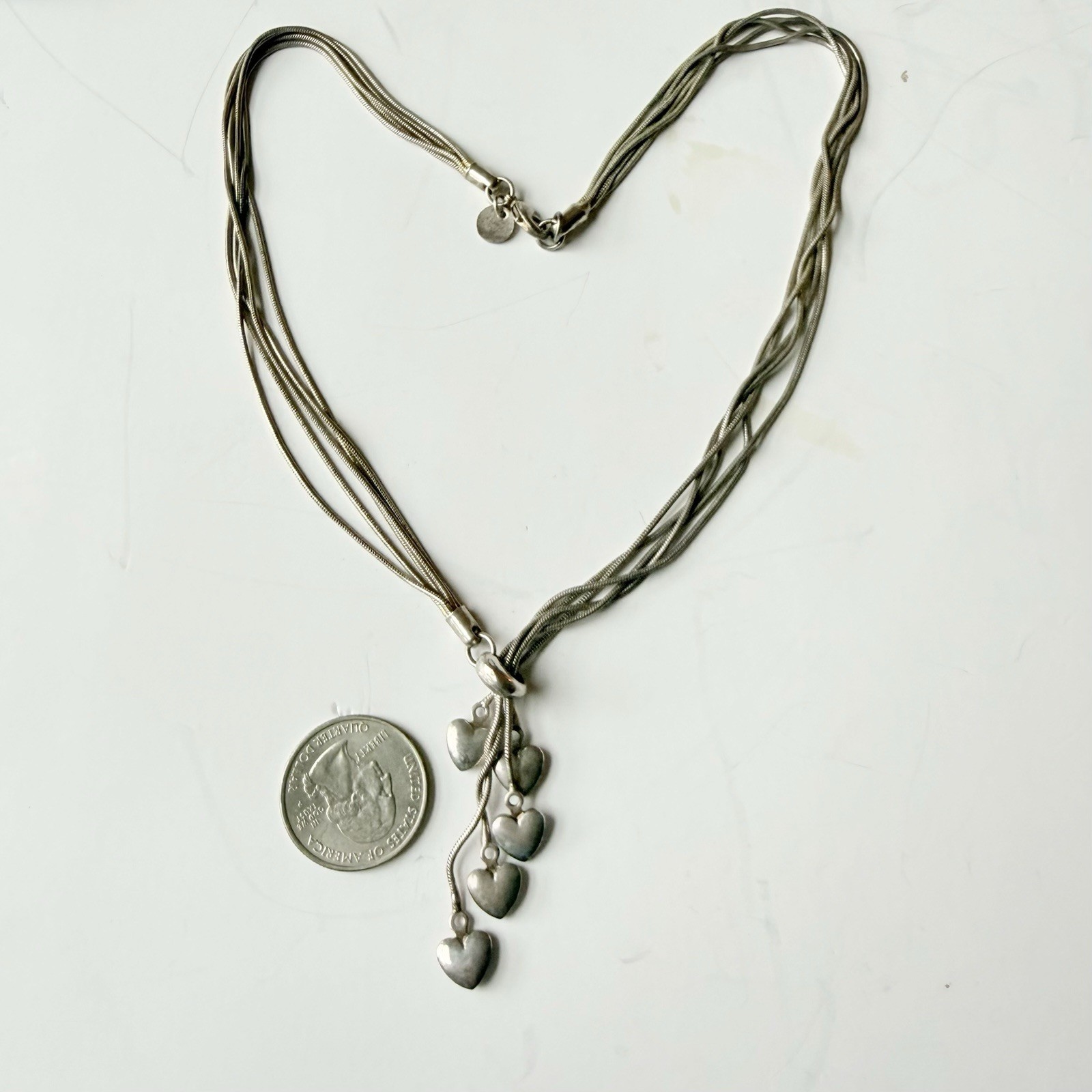 Dangling Hearts 5 Strand Lariat Snake Chain Sterling Silver 925 Necklace 18”
