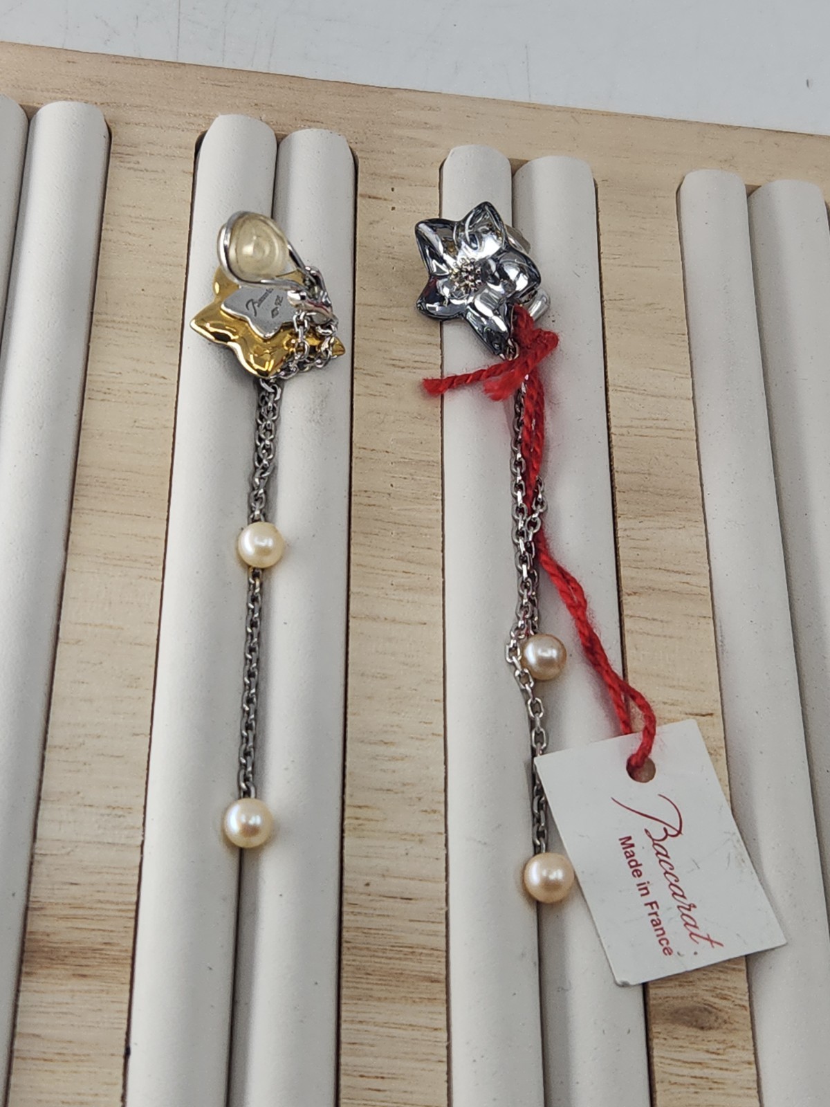 Authentic Baccarat France Crystal Flower Pearl Chain Dangle Clip Earrings 925