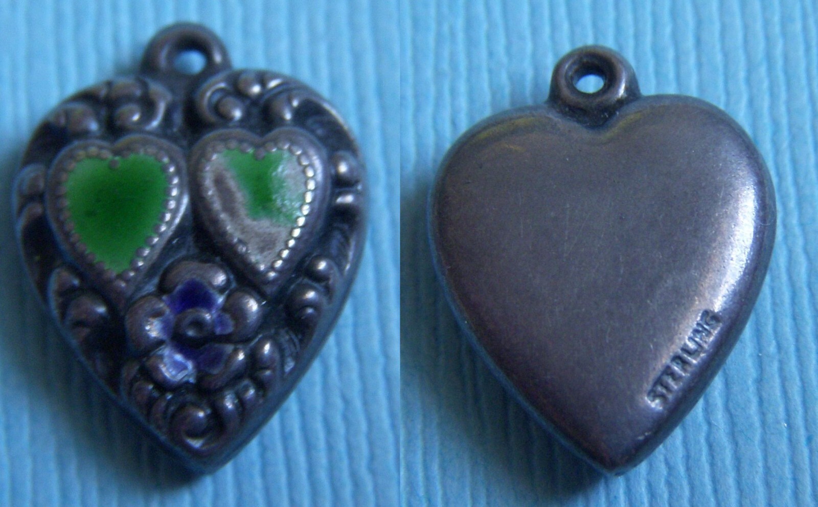 Vintage enamel hearts and flower puffy heart sterling charm