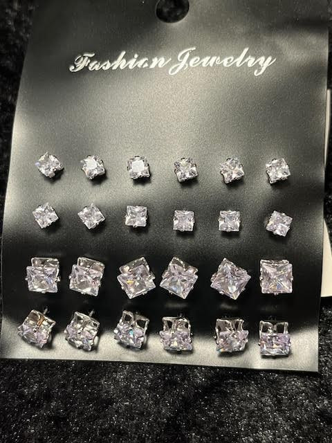 Lot #8: 36 Pairs of Faux Stone Sparkly Earrings: Heart, Round, Square Shaped