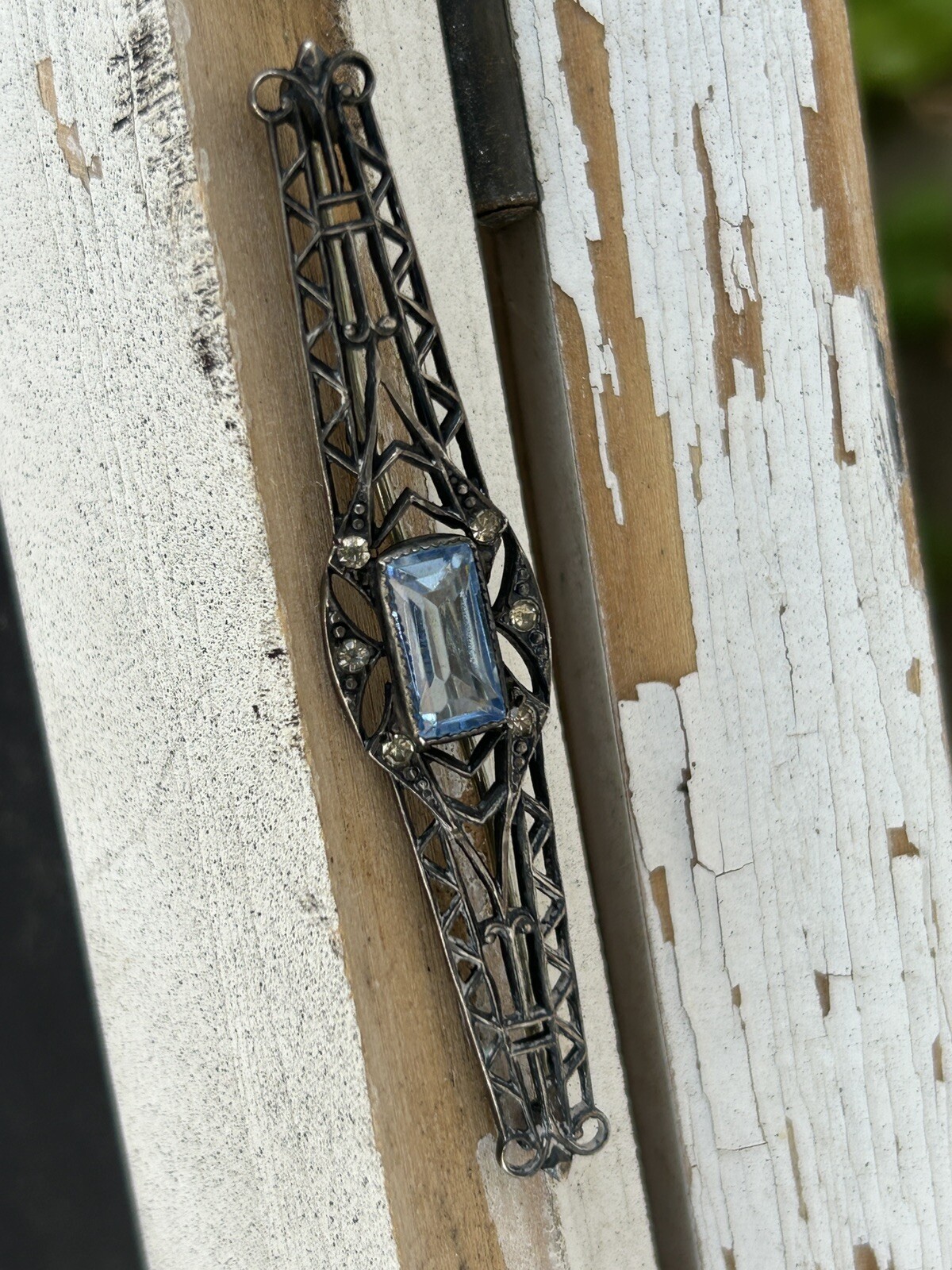 Antique Sterling Silver ART DECO Open Work Bar Brooch Blue Iolite ? & Glass