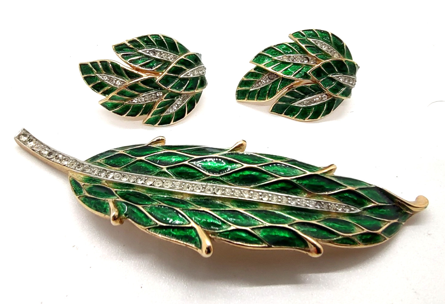 Alfred Philippe Trifari Harlequin Green Enamel Earrings and Brooch!