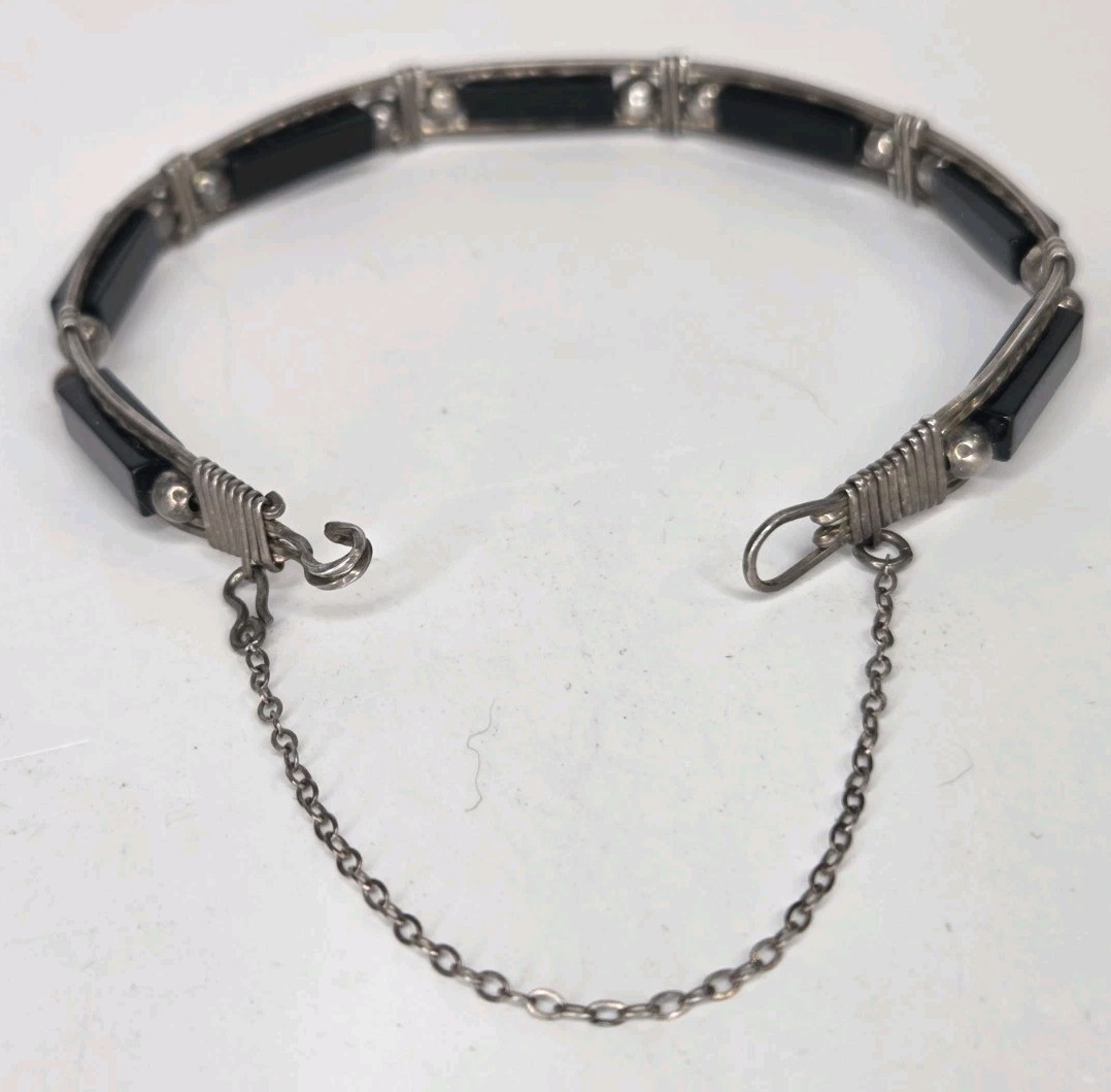 Vintage Sterling Silver Black Onyx Wire Wrapped Link Bracelet