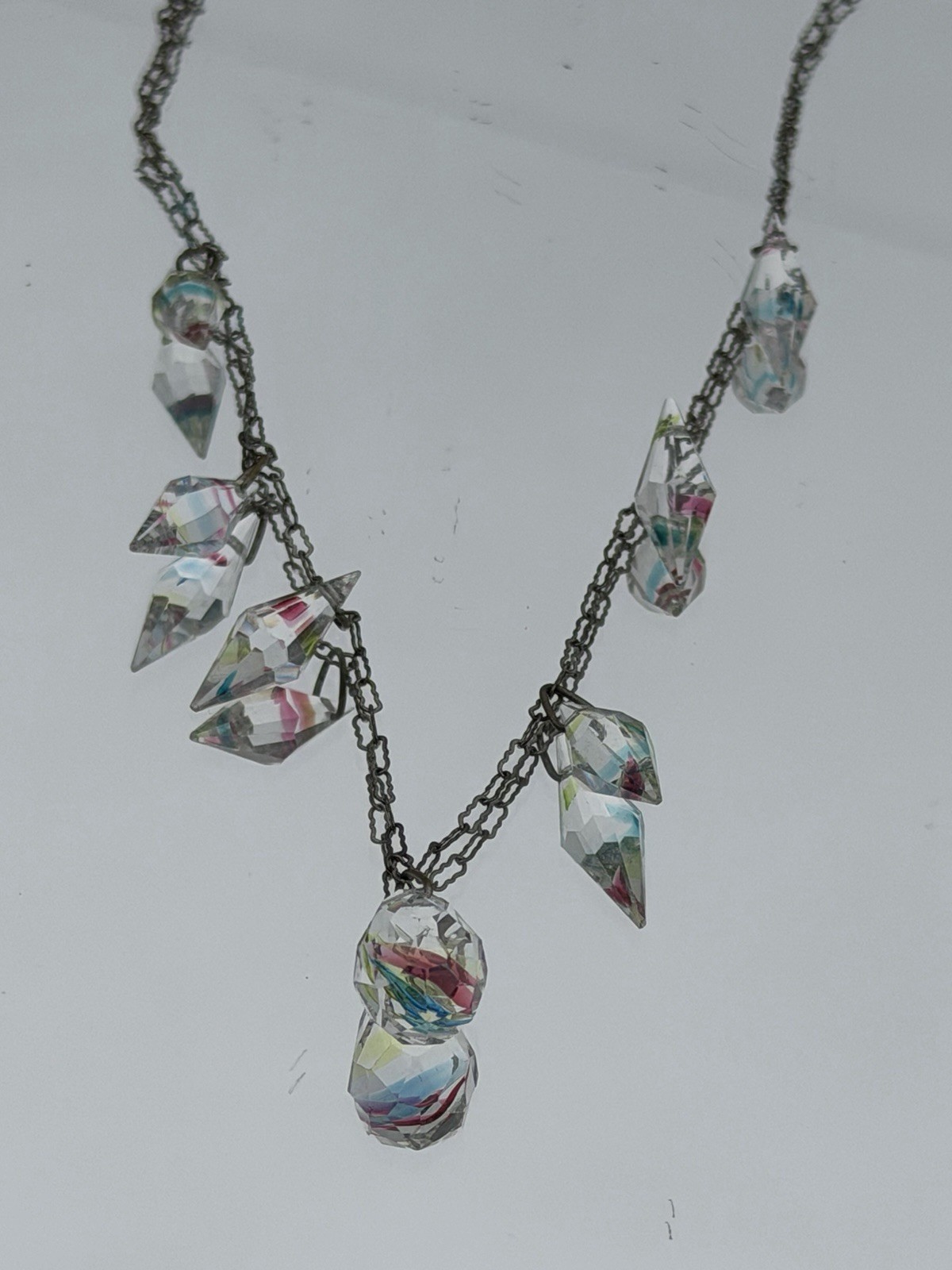 Antique Art Deco Czech Iris Crystal Rainbow Bicone Dangle 17.5″ Necklace